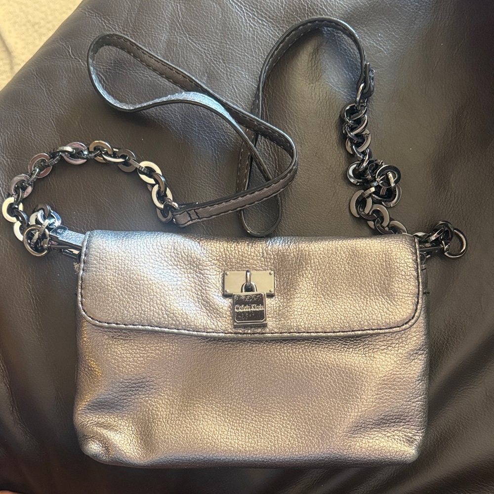 Calvin Klein Leather Metallic Silver Clutch (Used)